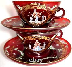 Pair Antique Moser Ruby Red Glass Tea Cup & Saucer Hand Painted Man Lady/Signed