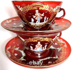 Pair Antique Moser Ruby Red Glass Tea Cup & Saucer Hand Painted Man Lady/Signed