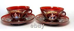 Pair Antique Moser Ruby Red Glass Tea Cup & Saucer Hand Painted Man Lady/Signed