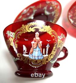 Pair Antique Moser Ruby Red Glass Tea Cup & Saucer Hand Painted Man Lady/Signed