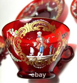 Pair Antique Moser Ruby Red Glass Tea Cup & Saucer Hand Painted Man Lady/Signed