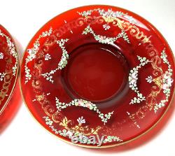 Pair Antique Moser Ruby Red Glass Tea Cup & Saucer Hand Painted Man Lady/Signed