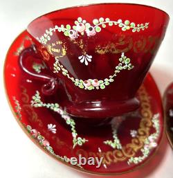 Pair Antique Moser Ruby Red Glass Tea Cup & Saucer Hand Painted Man Lady/Signed