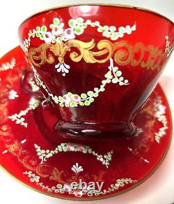 Pair Antique Moser Ruby Red Glass Tea Cup & Saucer Hand Painted Man Lady/Signed