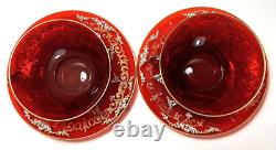 Pair Antique Moser Ruby Red Glass Tea Cup & Saucer Hand Painted Man Lady/Signed