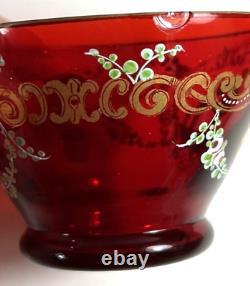 Pair Antique Moser Ruby Red Glass Tea Cup & Saucer Hand Painted Man Lady/Signed