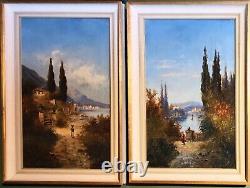 Pair Antique Oil Paintings Lake Lucerne Switzerland Como Italy Signed H Waldeck