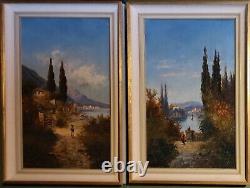 Pair Antique Oil Paintings Lake Lucerne Switzerland Como Italy Signed H Waldeck