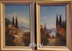 Pair Antique Oil Paintings Lake Lucerne Switzerland Como Italy Signed H Waldeck