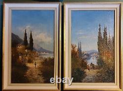 Pair Antique Oil Paintings Lake Lucerne Switzerland Como Italy Signed H Waldeck