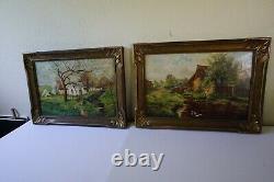 Pair Antique Oil Paintings Pastoral Landscape signed Geo. Huber