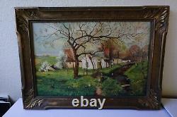 Pair Antique Oil Paintings Pastoral Landscape signed Geo. Huber