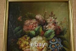 Pair Antique Oil Paintings on Board of Floral Still Life by P. Calos Framed