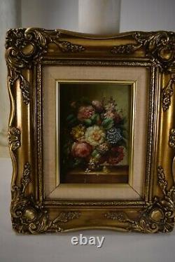 Pair Antique Oil Paintings on Board of Floral Still Life by P. Calos Framed