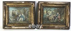 Pair Antique Paintings STYLE OF Jean Antoine Watteau Serenade Romantic Scene