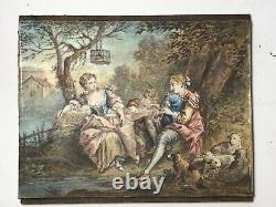 Pair Antique Paintings STYLE OF Jean Antoine Watteau Serenade Romantic Scene