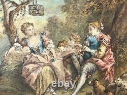 Pair Antique Paintings STYLE OF Jean Antoine Watteau Serenade Romantic Scene