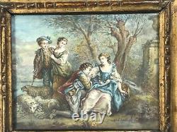 Pair Antique Paintings STYLE OF Jean Antoine Watteau Serenade Romantic Scene