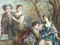 Pair Antique Paintings STYLE OF Jean Antoine Watteau Serenade Romantic Scene