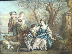 Pair Antique Paintings STYLE OF Jean Antoine Watteau Serenade Romantic Scene