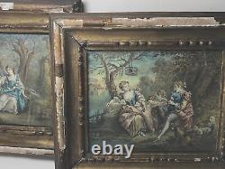 Pair Antique Paintings STYLE OF Jean Antoine Watteau Serenade Romantic Scene
