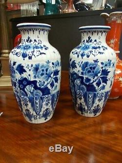 Pair Antique Ribbed Vases Delft Pottery Blue White Signed 1927 24 cms