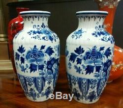 Pair Antique Ribbed Vases Delft Pottery Blue White Signed 1927 24 cms