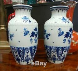 Pair Antique Ribbed Vases Delft Pottery Blue White Signed 1927 24 cms