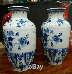 Pair Antique Ribbed Vases Delft Pottery Blue White Signed 1927 24 cms