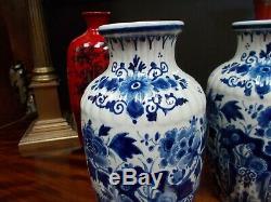 Pair Antique Ribbed Vases Delft Pottery Blue White Signed 1927 24 cms