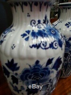 Pair Antique Ribbed Vases Delft Pottery Blue White Signed 1927 24 cms