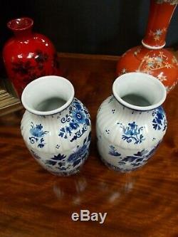 Pair Antique Ribbed Vases Delft Pottery Blue White Signed 1927 24 cms