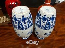 Pair Antique Ribbed Vases Delft Pottery Blue White Signed 1927 24 cms