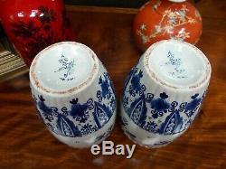 Pair Antique Ribbed Vases Delft Pottery Blue White Signed 1927 24 cms