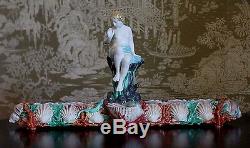 Pair Antique Royal Worcester Signed HADLEY Majolica Ocean Sea Shell Dog Figures