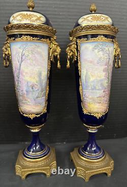 Pair Antique Sevres Covered Urns Signed A. Gilbert