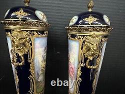Pair Antique Sevres Covered Urns Signed A. Gilbert