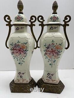 Pair Antique Signed French Samson Amorial Urns With Bronze Mounts
