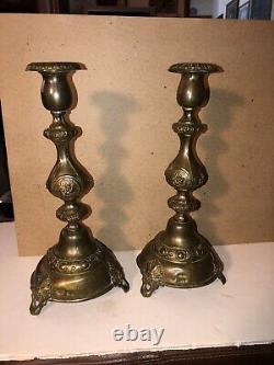 Pair Antique Signed Izrael Szekman Russian Brass Bronze Candlesticks