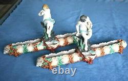 Pair Antique Signed Royal Worcester HADLEY Majolica Shell Snake Dog Centerpieces