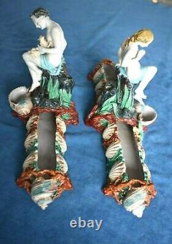 Pair Antique Signed Royal Worcester HADLEY Majolica Shell Snake Dog Centerpieces
