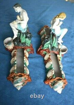 Pair Antique Signed Royal Worcester HADLEY Majolica Shell Snake Dog Centerpieces