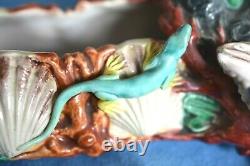 Pair Antique Signed Royal Worcester HADLEY Majolica Shell Snake Dog Centerpieces