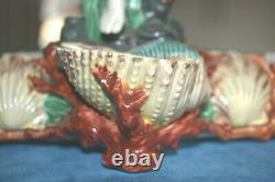 Pair Antique Signed Royal Worcester HADLEY Majolica Shell Snake Dog Centerpieces