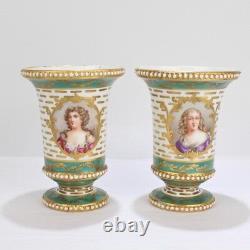 Pair Antique Signed Sevres Type Porcelain Portrait Cabinet Vases Lady PC