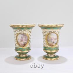 Pair Antique Signed Sevres Type Porcelain Portrait Cabinet Vases Lady PC