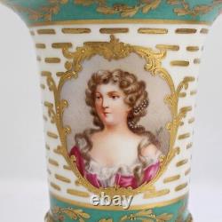 Pair Antique Signed Sevres Type Porcelain Portrait Cabinet Vases Lady PC