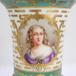 Pair Antique Signed Sevres Type Porcelain Portrait Cabinet Vases Lady PC