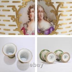 Pair Antique Signed Sevres Type Porcelain Portrait Cabinet Vases Lady PC