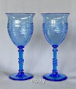 Pair Antique Steuben Signed Threaded Frederick Carder Goblets Celeste Blue